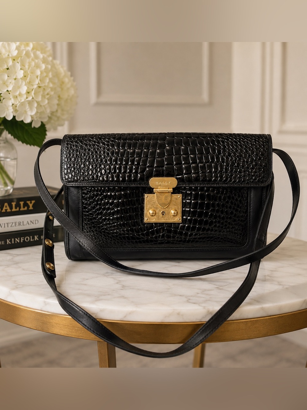 Bally Leather Croc-Embossed 3-Way Shoulder Crossbody Clutch Bag | Vintage - Picture 2 of 16
